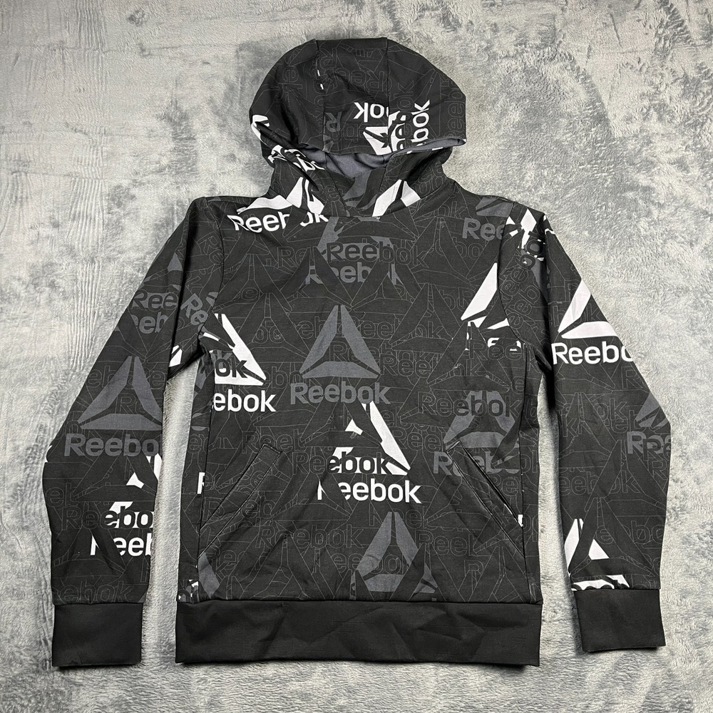 Reebok Unwind Hoodie Mens Small Black Graphic AOP Kangaroo Pocket Cotton Stretch